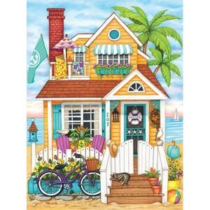550 Larger Piece Mardell Schuster Puzzle Beach Shore House cottage Tabby Cat NEW